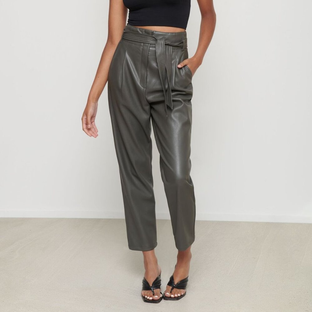Belted faux leather pants